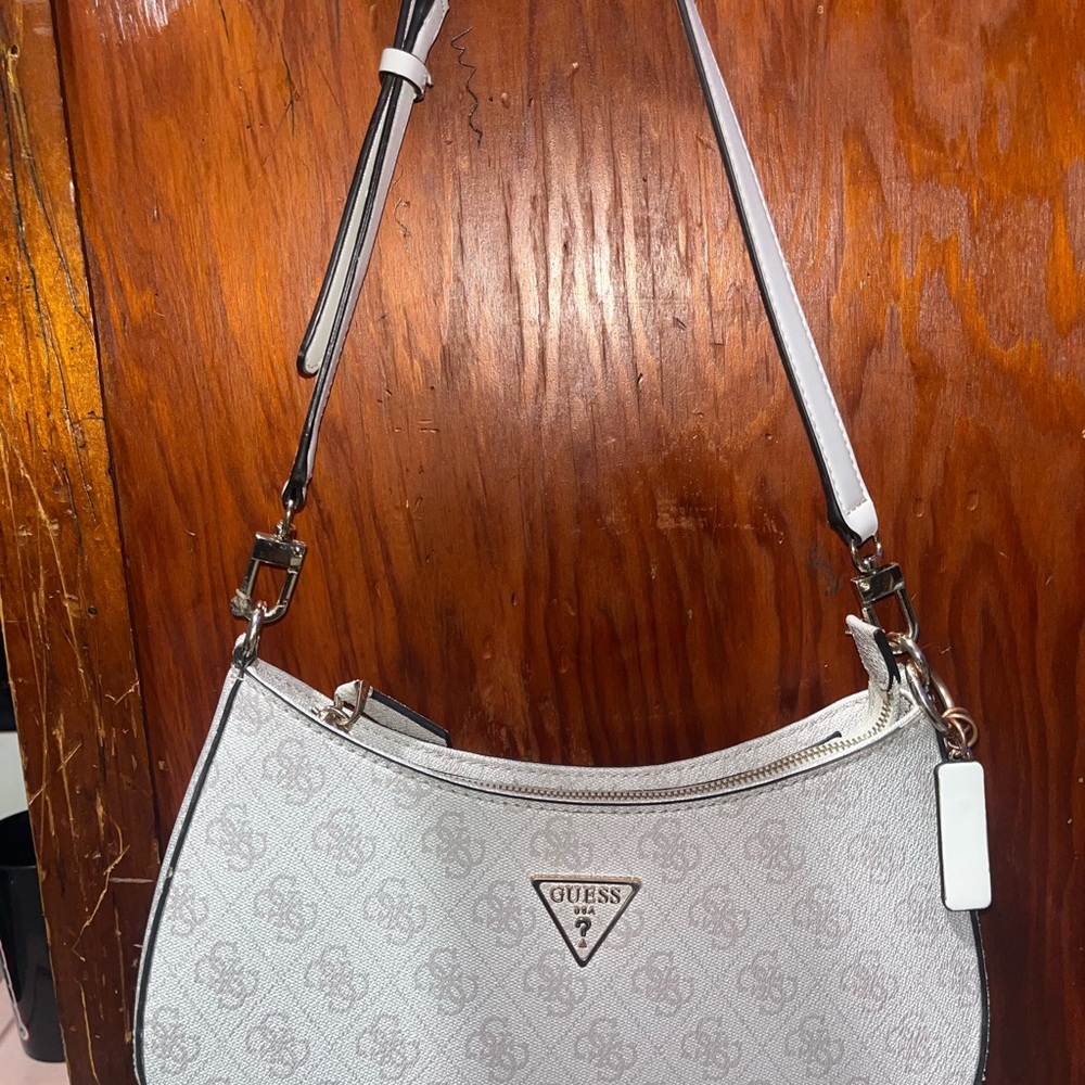 GUESS White and Silver Shoulder Bag